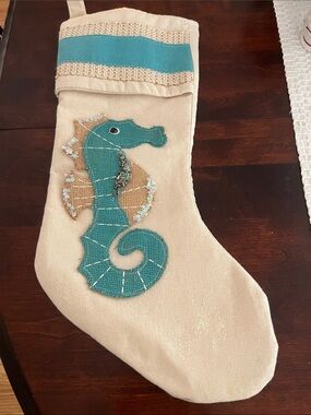 Coastal Seahorse Holiday Stocking in Cream and Teal